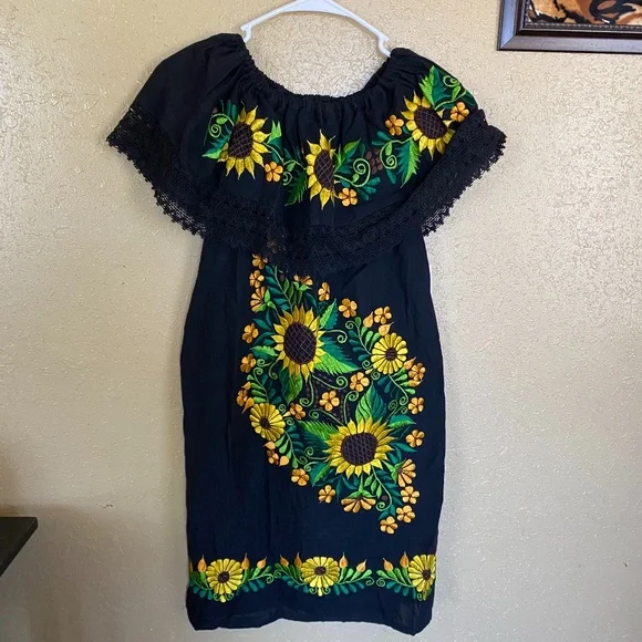 Sunflower Embroidered Authentic Off The Shoulder Authentic Mexican Dress | Color: Black/Yellow | Size: M | Biancaposher's Closet